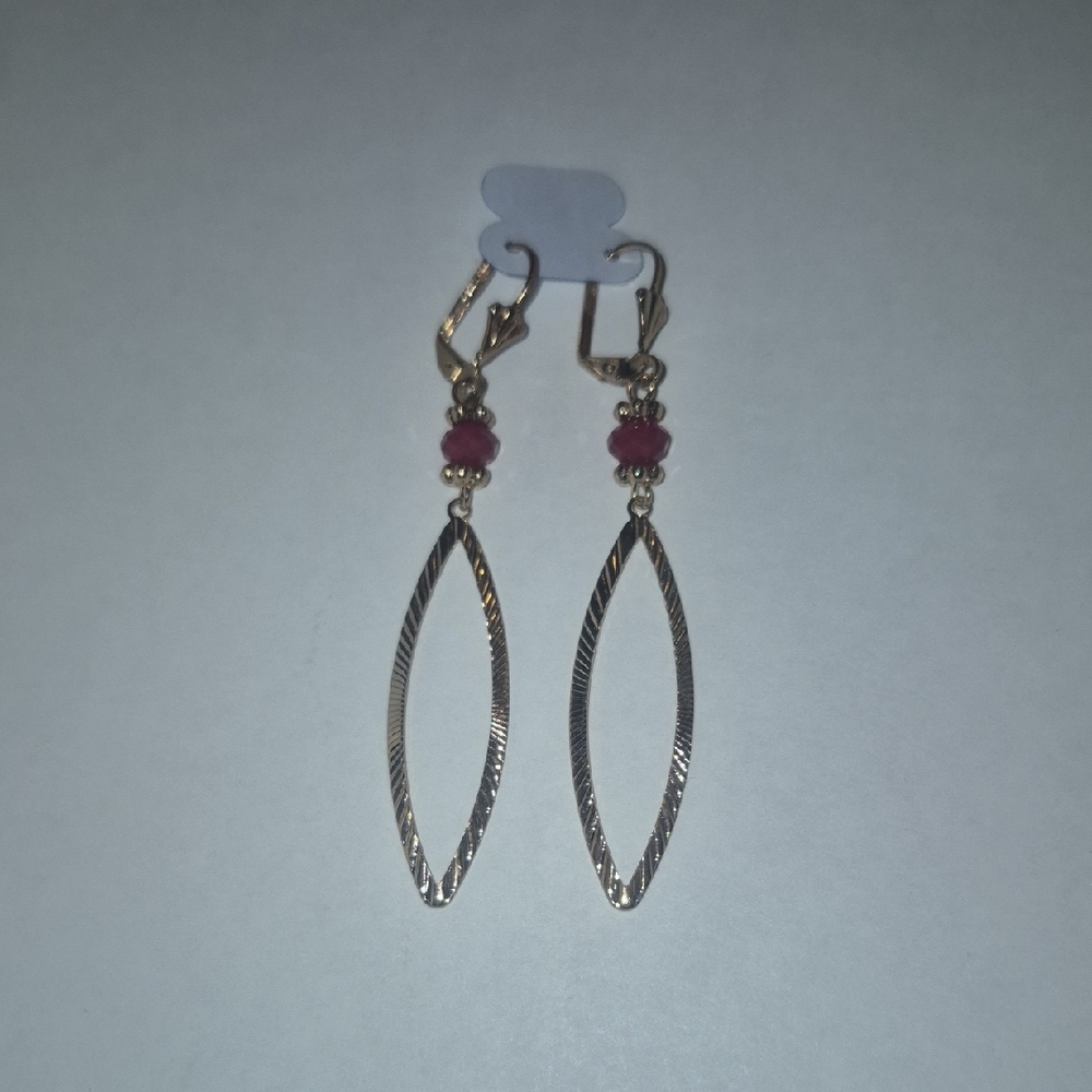 Unique Bargains Gold-Tone Linear Hoop Earrings with Pink Beads